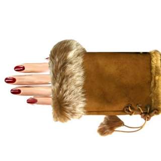  Camel Beige Ladys Fingerless Gloves With Rabbit Fur Trim 