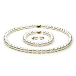 14k White Gold 7 7.5mm White Akoya Saltwater Cultured Pearl Set AA+ 