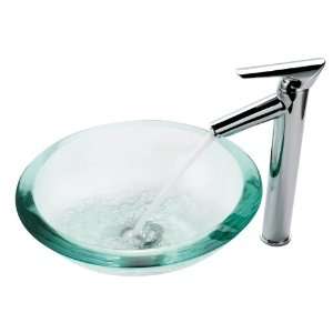   19mm 1800CH Clear 34mm edge Glass Vessel Sink and Decus Faucet, Chrome