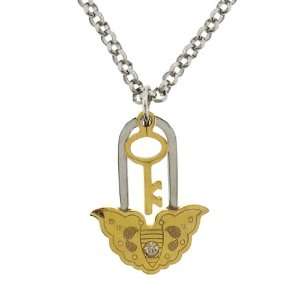   Stainless Steel Two Tone Moth and Key Pendant with Round Crystal, 18
