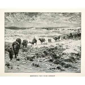  1900 Wood Engraving Gobi Desert Caravan Camel Journey Pack 