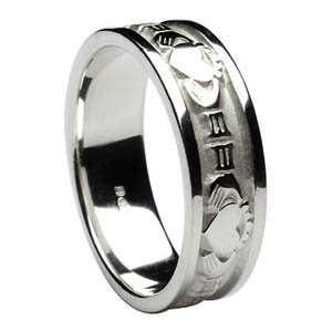 Mens Claddagh Wedding Band   Size 8   10k White Gold   Made in Ireland