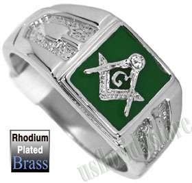 Mens Square Green Masonic Mason Rhodium Plated Ring New  