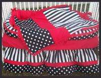 New crib bedding set BLACK POLKA DOTS STRIPES w/ RED  