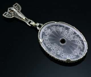   14K White Gold Rock Crystal Camphor Diamond Filigree Pendant Lavaliere