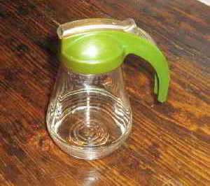 Vintage 1950s   60s Glass Syrup Pitcher Retro Green Top  