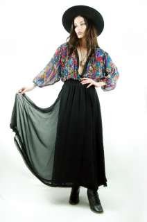 Vtg 70s Black DIANE FRES Floral Beaded 100% SILK Gypsy Boho MAXI Dress 