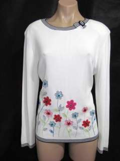 Alfred Dunner Womens White Black Floral Beaded Long Sleeve Shirt Top 