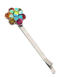   Negrin Silver Plated Flower Hair Pin w Multicolor Crystals  