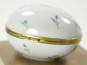 Limoges Porcelain Egg Shaped Hinged Trinket Box Blue Flower  