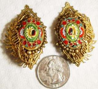 Vintage~RARE~XL HOBE Micro Mosaic FLORAL Earrings 1 3/4  