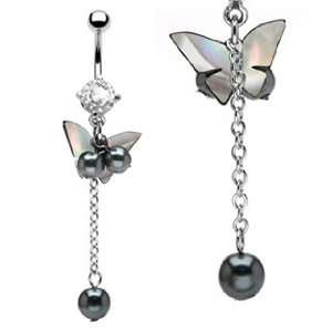  Cubic Zirconia and Mother of Pearl Butterfly and Beads Belly Ring 