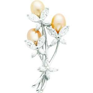  Sterling Silver Peach Imitation Pearl & CZ Pin Jewelry