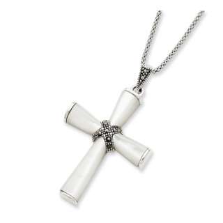 Sterling Silver Marcasite Mother Pearl Cross Pendant  
