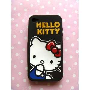 Iphone 4 Black with Large Kitty Embossed Thick Silicone Full Soft Case 