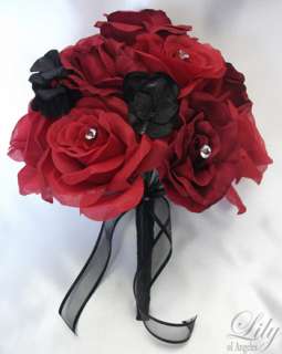   red rosebud accented with black hydrangeas decorated with black bow