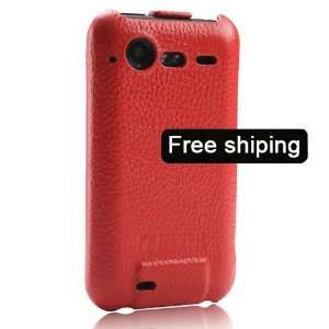  Red Genuine Leather Flip Case Cover for HTC Incredible S 