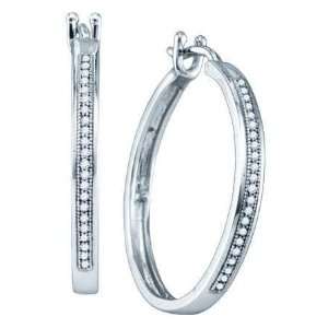  10K White Gold Diamond Micro Pave Hoop Earrings Each With 