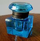 Beautiful ICE BLUE CUT GLASS CRYSTAL INKWELL   ANTIQUE
