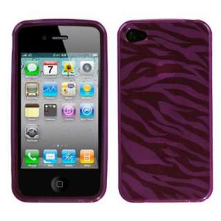 For Apple iPhone 4 Accessory Flex Gel Case Purple Zebra + Screen 