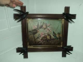 ANTIQUE 19C RARE Victorian LOVEBIRDS Oil Painting w/ Carved BIRDS on 