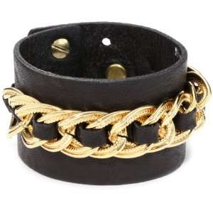   Ahead 1 1/2 Black Italian Leather on Gold Chain Link Cuff Bracelet