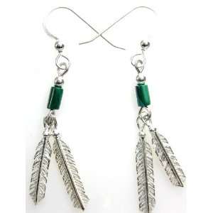    Feather sterling earrings with Malachite Beads   wires Jewelry