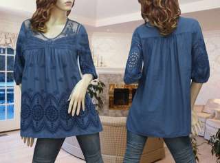 BLUE EYELET LACE EMBOSS BABY DOLL TUNIC TOP #957 L XL  