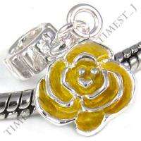 5pcs Yellow Rose Silver Enamel Dangle Charms Beads Fit European 