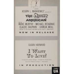 1958 Ad United Artists Quiet American I Want To Live   Original Print 