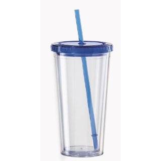    Ounce Double Walled Tumbler with Drinking Straw, Clear with Blue Lid