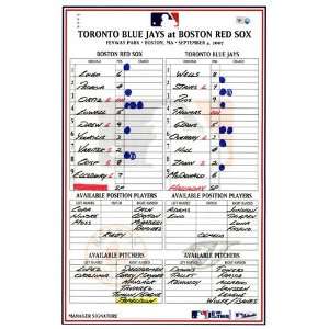 Blue Jays at Red Sox 9 04 2007 Game Used Lineup Card  