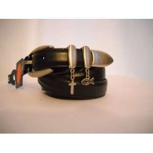   Leather Christian Belt with Cross and Fish Charm 