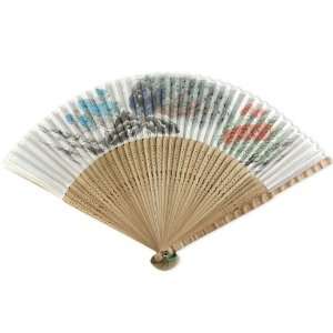   Plume   Painted Fabric   Perforated Brown Wood Hand Held Folding Fan