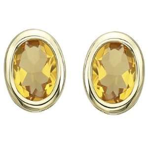    14K Yellow Gold Oval Shape Citrine Bezel Set Stud Earrings Jewelry