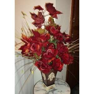 New Red Rose & Fall Leaf Silk Flower Arrangement 