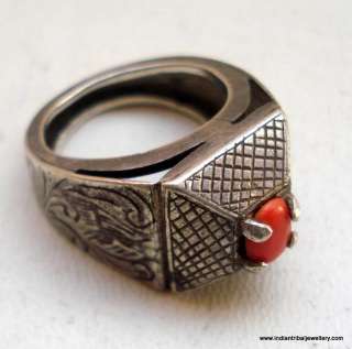   antique collectible tribal old silver ring with coral gemstone  