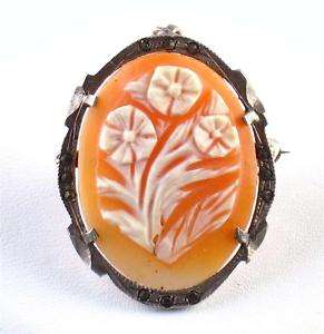 Vintage Carved Shell Flower Cameo Silver Pendant Brooch  