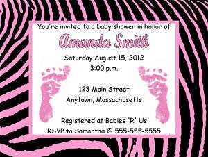Girl Pink Feet Zebra Print Baby Shower Invitations Personalized  