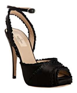 style #310074001 black satin ruffle trim ankle strap platform sandals