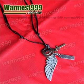 Genuine Real Mens Leather Necklace Angel Wing Cross Tag Pendant Choker 