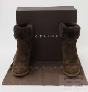 Celine Brown Shearling Rounded Toe Wedge Ankle Boots Size 35  