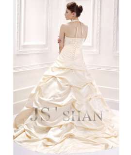 Jsshan Champagne Embroidery Halter Satin Train Bridal Gown Wedding 