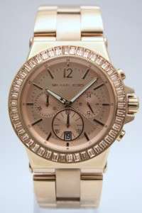 New Michael Kors Women Rose Gold Baguette Bezel Chronograph Stop Watch 