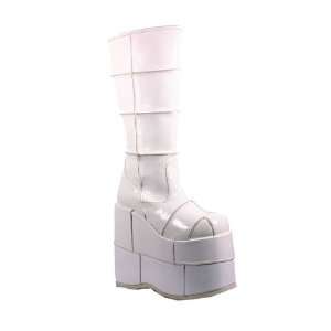  Demonia Stack 301 7 Inch Platform Patched White Pat Knee Boot 