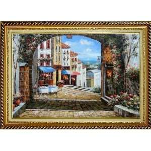 Arch View to the Mediterranean Oil Painting, with Linen Liner Gold 