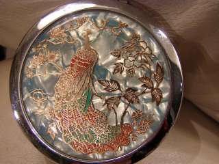 VINTAGE DECORATED GENUINE GOLD PEACOCK COMPACT MIRROR  
