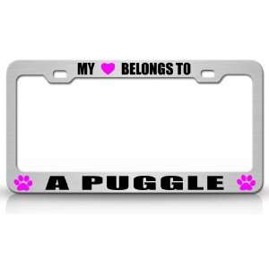 MY HEART BELONGS TO A PUGGLE Dog Pet Steel Metal Auto License Plate 