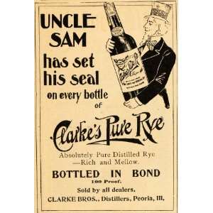  1898 Vintage Ad Clarkes Pure Rye Whiskey Uncle Sam 