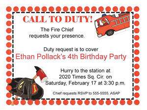 Fire Truck Fireman Chief Hat Birthday Party Invitation  